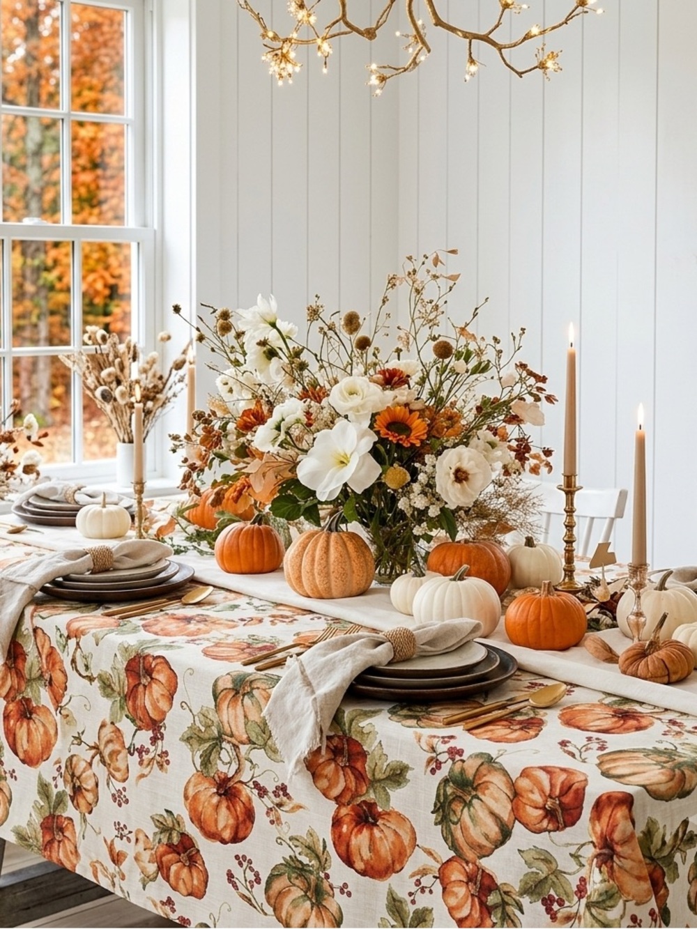 Watercolor Heirloom Pumpkin Fall Tablecloth Autumn Thanksgiving Large 60” x 96”